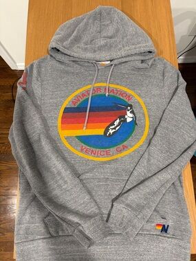Aviator Nation Gray Hoodie with Retro Rainbow Logo